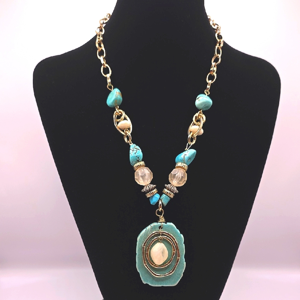 Bold Goldtone and Faux Turquoise Pendant Necklace